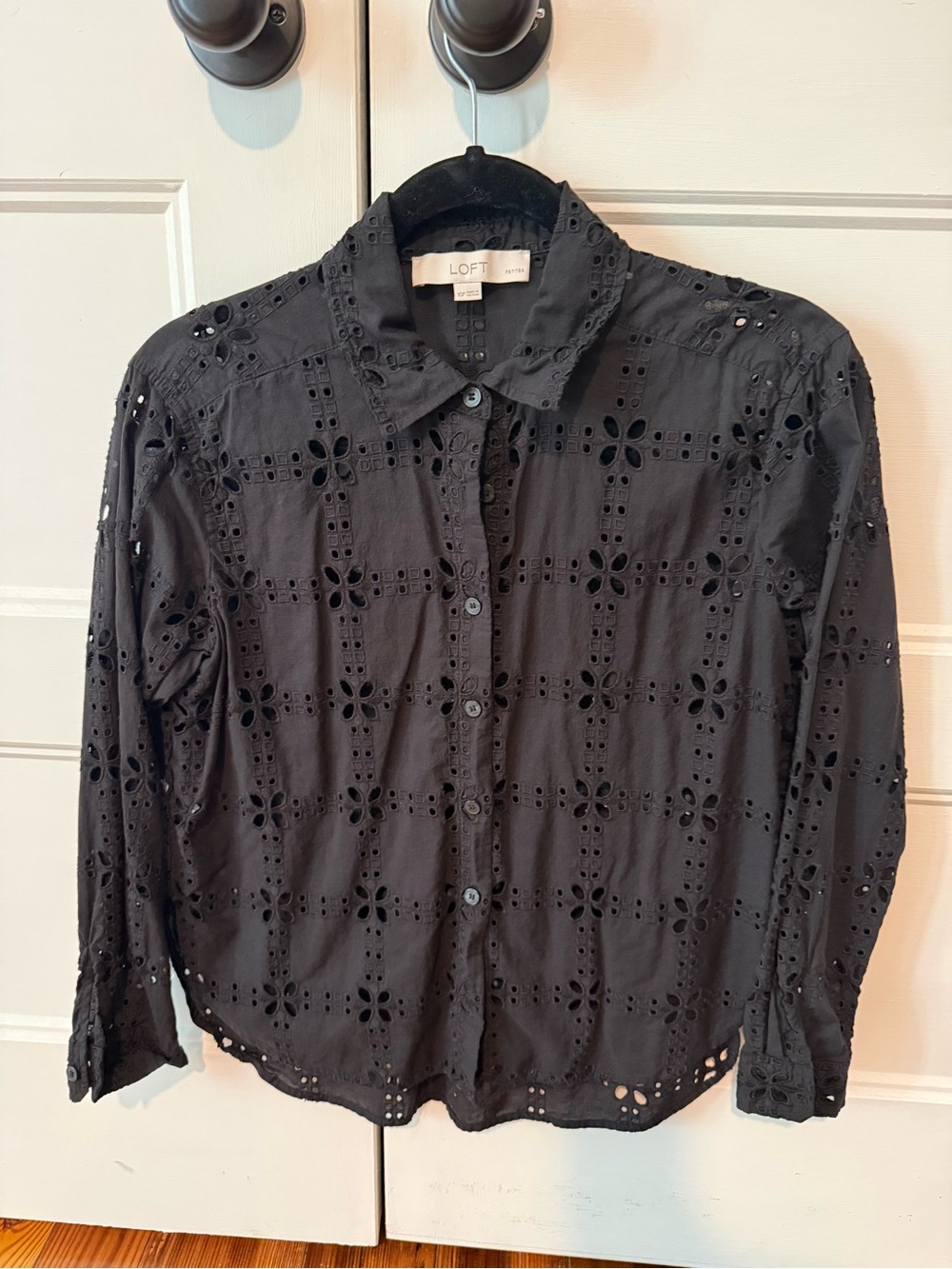 LOFT Black Eyelet Cotton Button-Down Shirt